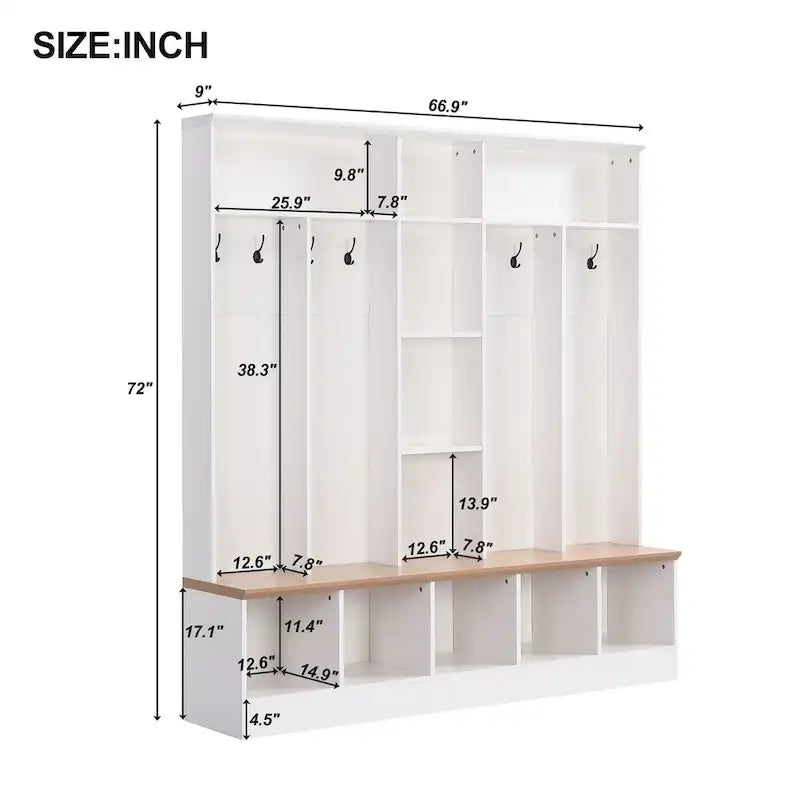 Brown Entryway Hall Tree with Storage Bench and Coat Hooks