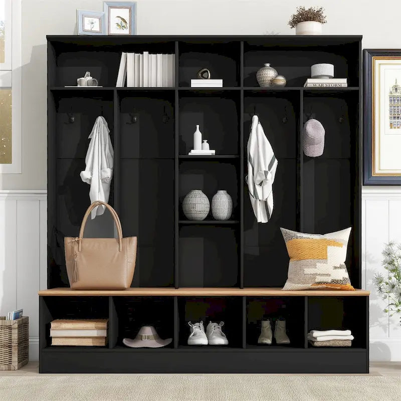 Brown Entryway Hall Tree with Storage Bench and Coat Hooks