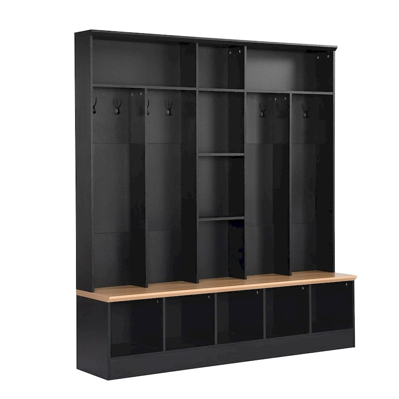 Brown Entryway Hall Tree with Storage Bench and Coat Hooks