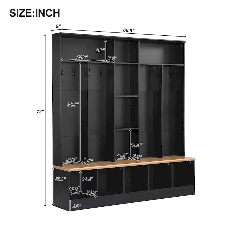 Brown Entryway Hall Tree with Storage Bench and Coat Hooks