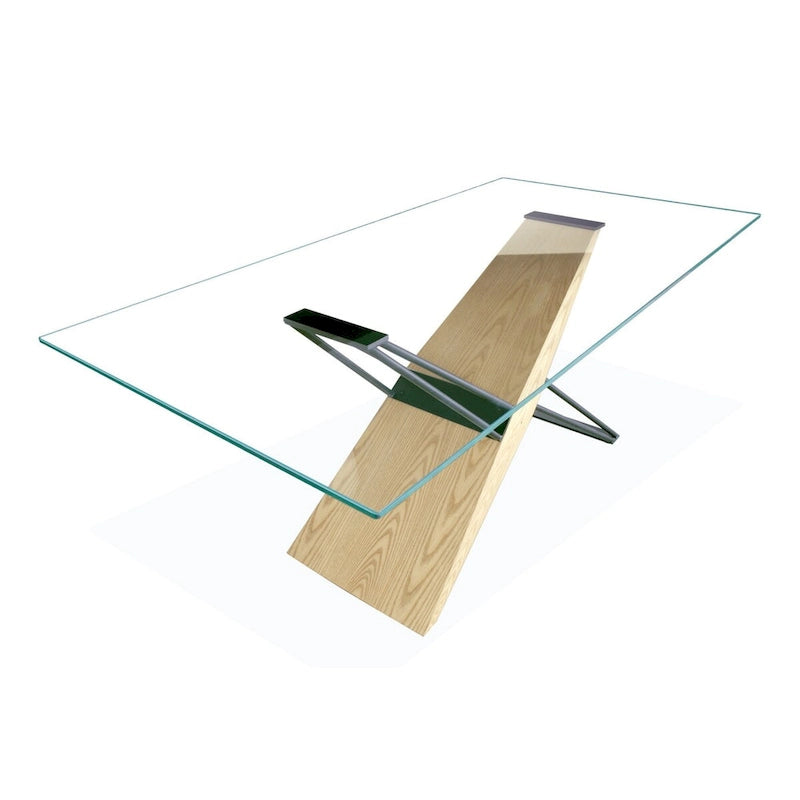 Modern Rectangular Glass Top Dining Table with Brown Wood and Black Metal Base